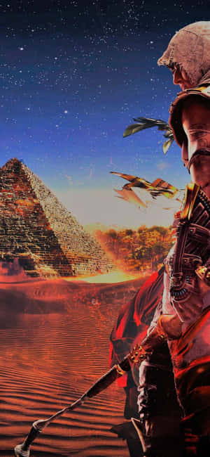 身穿沙漠盔甲的戰士站在金字塔前，背景是星光燦爛的暮色天空，有飛行的生物。 — iPhone 14 壁紙