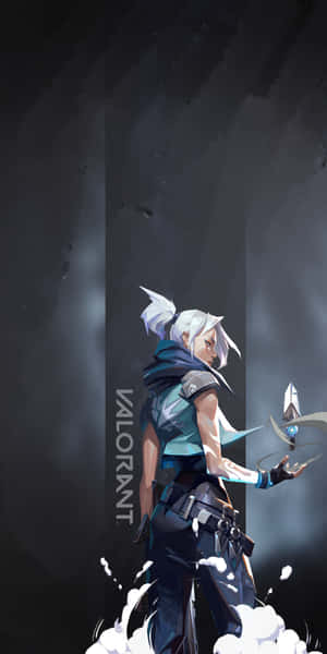 動漫 Valorant 角色，白色頭髮和發光武器，站在迷霧籠罩的黑暗雲層中。 — 18:9 壁紙