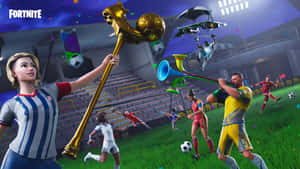 Fortnite足球運動員在夜間體育場揮舞巨型金色獎盃和號角武器。