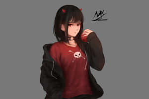 有惡魔角同骷髏T恤嘅動漫少女着住黑色連帽衫。