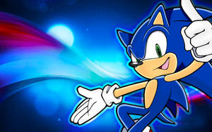 Sonic the Hedgehog 喺色彩繽紛嘅宇宙場景中豎起拇指奔跑。