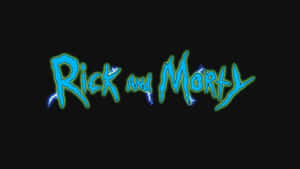發光藍色霓虹的Rick and Morty標誌，帶有電火花，背景為黑色。