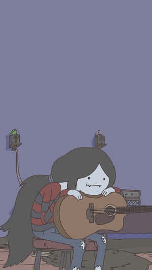 卡通人物在紫色房間彎腰彈木結他