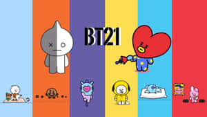 BT21角色，色彩繽紛的垂直條紋，俏皮姿勢。