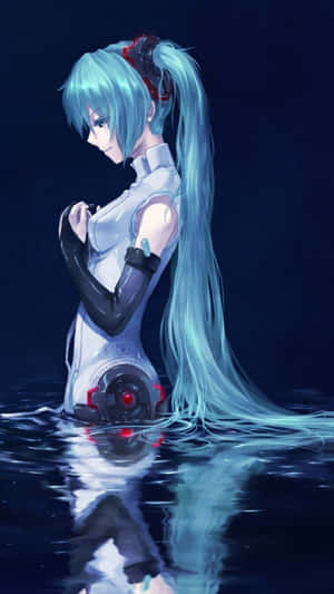 藍髮機械手臂的動漫女孩站在深水中。 — 初音未來 壁紙