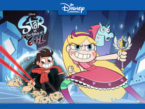 Star 和 Marco 在卡通場景中用激光小狗和魔法杖戰鬥。
