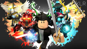 Roblox戰士手持發光劍與夢幻盟友的動態姿勢。