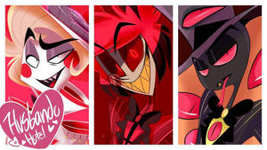 來自 Hazbin Hotel 的三個動畫惡魔角色，有紅眼睛和帽子。