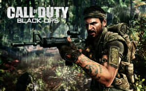 《Call of Duty Black Ops》遊戲藝術中，士兵在暴雨中的叢林裡手持步槍。