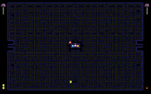 復古 Pacman 遊戲，黃色角色和四個幽靈在藍色迷宮中。