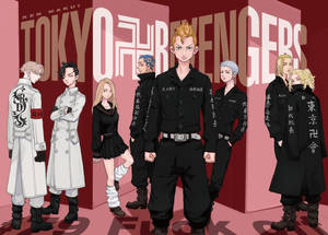 七個動漫角色穿著黑白服裝，在紅色'Tokyo Revengers'背景前擺姿勢。