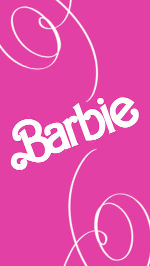 粉紅色背景，帶有白色 Barbie 標誌和旋轉線條。
