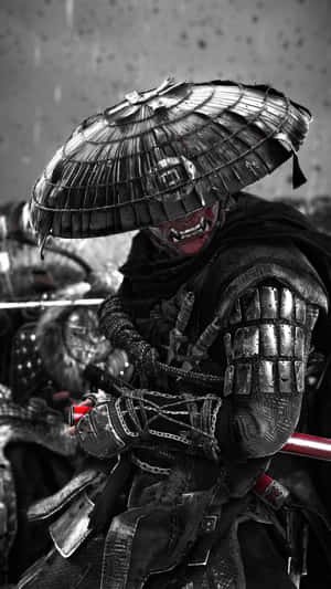 身穿盔甲、手持武士刀、戴紅色面罩的武士戰士。 — 對馬戰鬼 GIF 壁紙