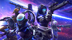未來士兵身穿發光盔甲，手持武器，背景為宇宙。
