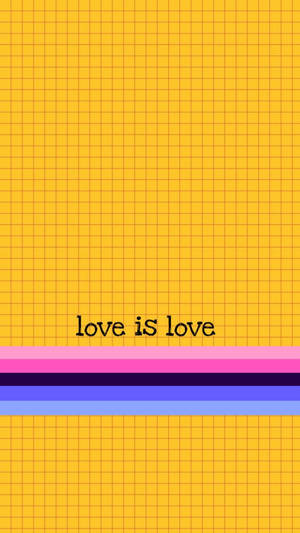 黃色網格背景，帶有彩色條紋和文字 love is love — 驕傲 GIF 壁紙