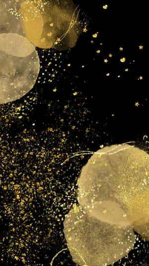 在黑色背景上漂浮的金色球體和星星，閃爍著光芒。 — 黑金 壁紙
