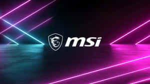 MSI 標誌在霓虹燈照亮的未來感房間中發光。