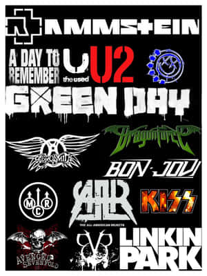 黑色背景上的搖滾樂隊標誌拼貼畫，包括 U2、Green Day 和 KISS。