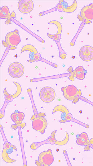 在薰衣草背景上的粉彩魔法棒和星星。 — 美少女戰士 壁紙
