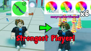 Roblox 玩家頭像顯示在成為最強者前後，伴隨著巨型建築。