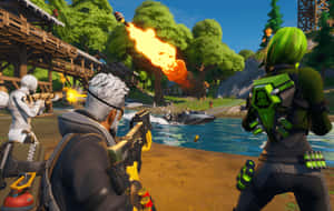 三個Fortnite玩家在河邊戰鬥，伴有爆炸和船隻。