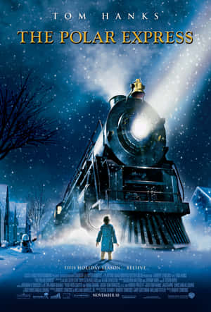 穿藍色外套的孩子面對巨大火車，雪夜中飄雪和星星。 — iPad Pro 11 壁紙