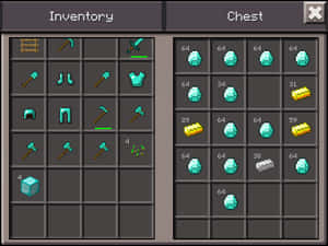 Minecraft物品欄同裝滿鑽石、金錠同工具嘅箱