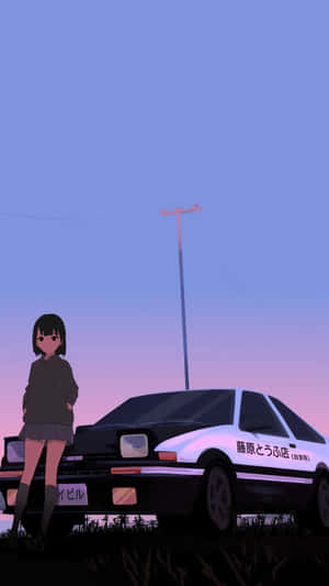 動漫女孩在黃昏時站在AE86車旁 紫色藍色天空