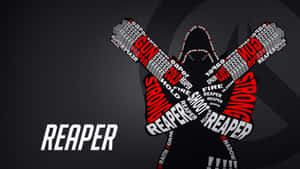 一個文字藝術剪影，人物手持交叉的槍枝，帶有 reaper gun strong fire 等文字。