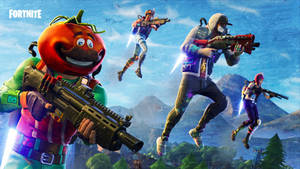 Fortnite角色在空中持槍越過山脈
