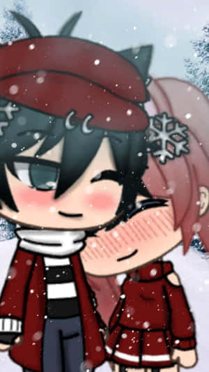 兩個動漫角色在雪景中擁抱，穿著紅色服裝。 — Gacha life GIF 壁紙