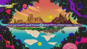 超現實的沙漠山脈倒映在宇宙河流中，天空色彩繽紛，漂浮著行星。 — 迷幻美學 壁紙