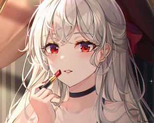 銀髮紅眼動漫少女戴著頸鏈塗紅色口紅。 — 白色 壁紙