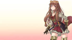 粉紅色漸變背景上穿著幻想服裝、擁有狐狸耳朵和尾巴的動漫女孩