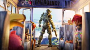 Halo 士兵站在巴士內，與 Fortnite 角色和毛絨玩具一起。