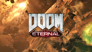 帶有熾熱天空和漂浮碎片的 DOOM ETERNAL 遊戲標誌。 — 毀滅戰士：永恆 壁紙