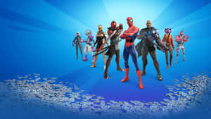 穿著色彩繽紛服裝的 Fortnite 角色站在有硬幣的藍色舞台上。 — 要塞英雄 大逃殺 壁紙