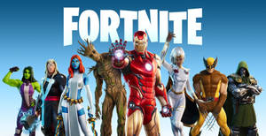Fortnite 遊戲角色包括 Iron Man、Wolverine 和 Groot 英勇地擺出姿勢。