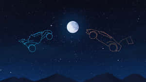 兩輛發光的線框賽車在滿月的星空夜空中飛翔。