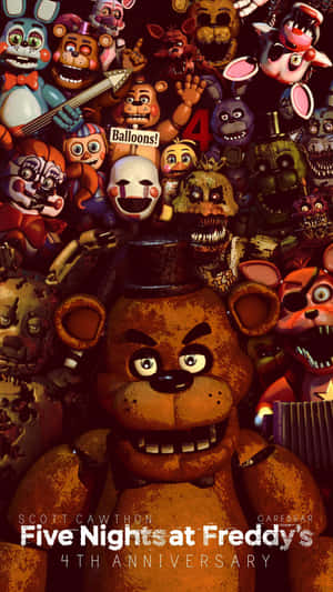 在黑暗恐怖的場景中，來自 Five Nights at Freddy's 的弗雷迪·費斯熊和其他機械動物。