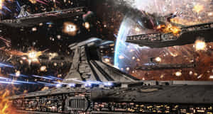 星艦在藍色行星附近進行帶有爆炸和激光的太空戰鬥。