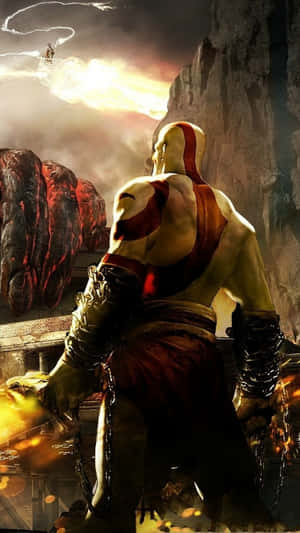 God of War 戰士帶著鎖鏈面向懸崖，背景有火紅天空和飛行身影