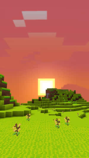 Minecraft風格下，發光的日落天空下的方塊狀綠色山丘。