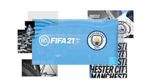 FIFA 21 遊戲封面，帶有曼城標誌和球場視覺元素。