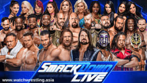 一群 WWE SmackDown Live 摔角手為宣傳海報擺姿勢。