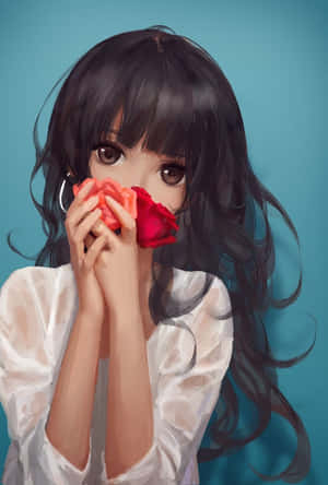 動漫女孩深色長髮手持紅玫瑰貼近臉龐，背景青色。 — 靚靚動畫 壁紙