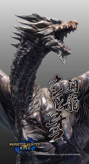 來自《魔物獵人 崛起》的兇猛金屬龍，眼睛發光。