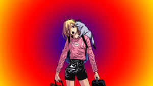 動漫女孩，長著貓耳朵，肩上有一隻貓，手持行李。 — 鏈鋸人 壁紙