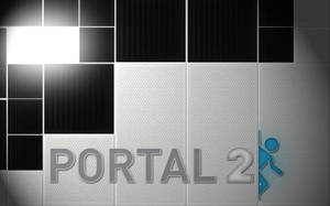 Portal 2 遊戲標誌在金屬牆上，帶有藍色火柴人。