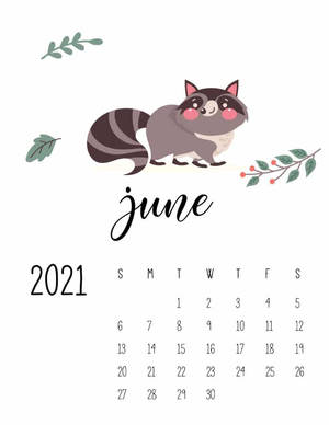 2021年6月日曆，附有卡通浣熊和樹葉。